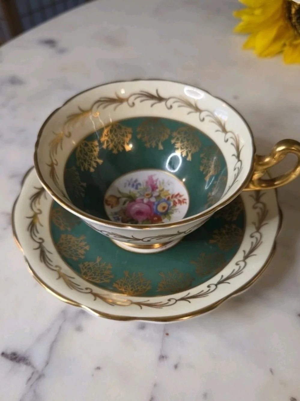 FOLEY Green and Gold Floral Porcelain Teacup and Saucer Set 1940's MINT